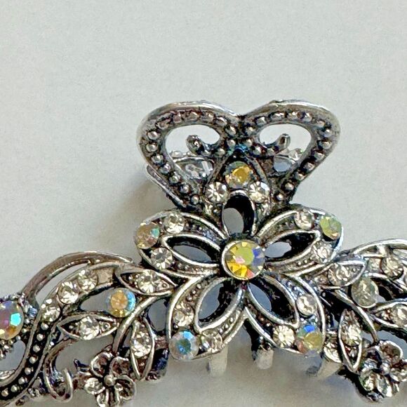 Vintage-Style Silver Tone Filigree Hair Clamp with Aurora Borealis Rhinestones - Picture 4 of 7